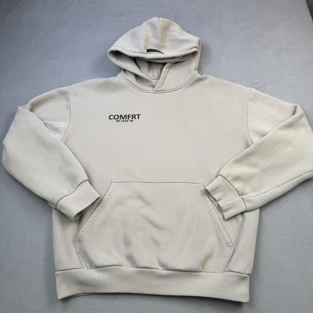Comfrt Hoodie Mens Medium Beige Fleece Heavyweight Pullover Kangaroo Pocket Logo